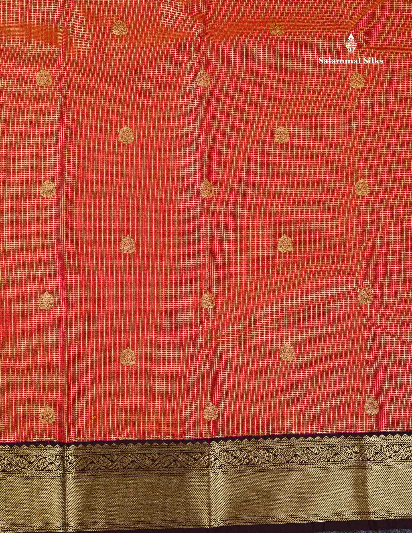 Semi Silk Saree - Orange Butta With Tiny Vaira Oosi Checks Along With Contrast Dark Brown Border