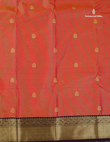 Semi Silk Saree - Orange Butta With Tiny Vaira Oosi Checks Along With Contrast Dark Brown Border