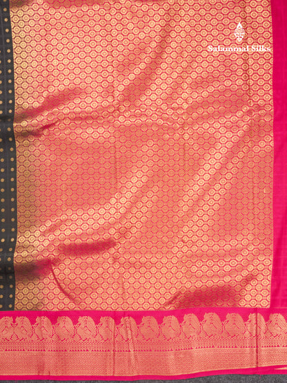 1000 Buttas Black Checks Semi Silk Saree With Contrast Pink Traditional Border