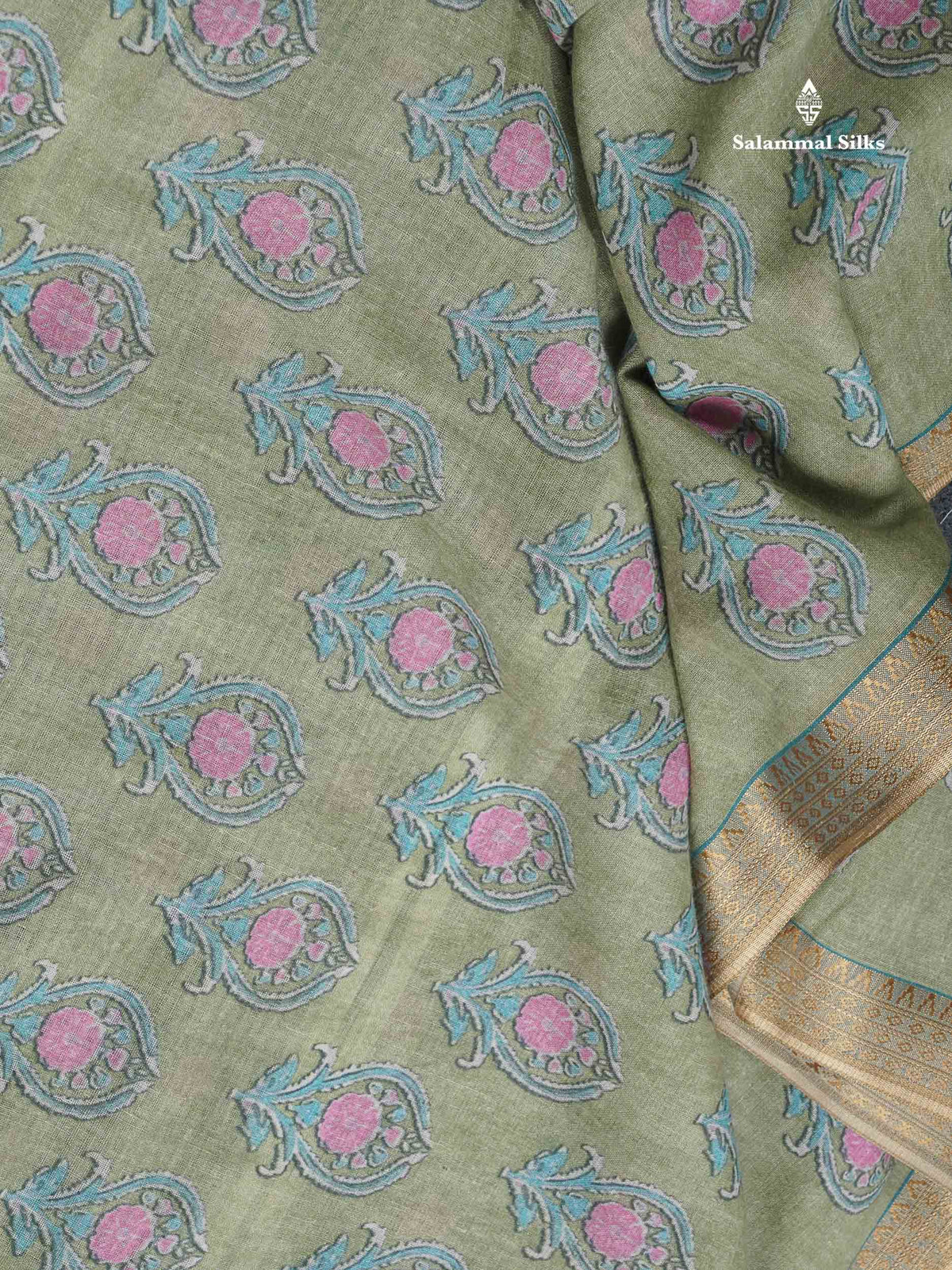Soft Cotton Saree - Light Parrot Green Body Printed With Small Fancy Border