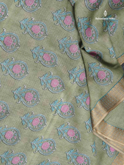 Soft Cotton Saree - Light Parrot Green Body Printed With Small Fancy Border