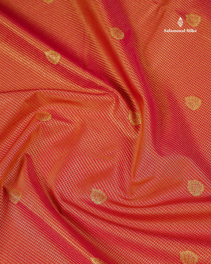 Semi Silk Saree - Orange Butta With Tiny Vaira Oosi Checks Along With Contrast Dark Brown Border