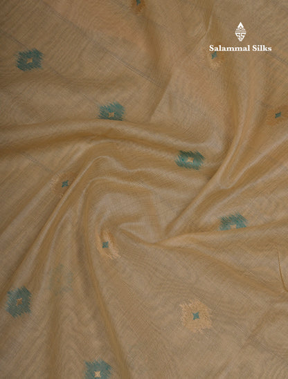 Beautiful Cream Sandal Muga Cotton Saree With Contrast Mustard Yellow Traditional Temple Border