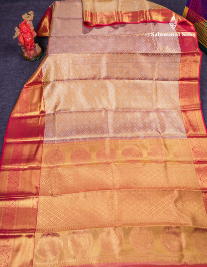 Beautiful Light Pink Tissue Bridal Pure Kanjivaram Silk Saree With Contrast Red Traditional Evening Morning Border