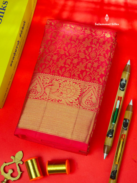Reddish Pink Pure Kanjivaram Silk Saree 3G Zari with Traditional Gold Zari Border