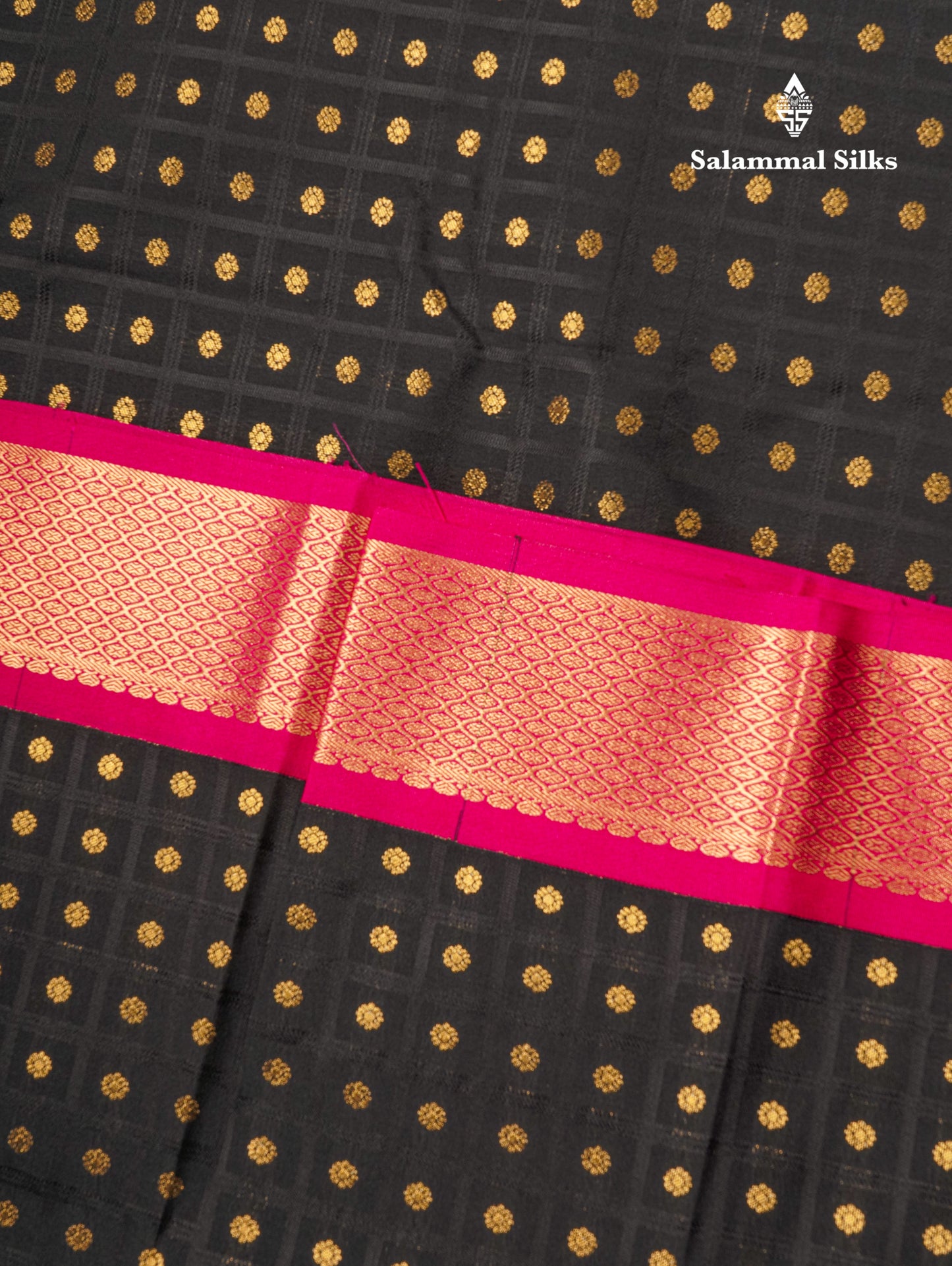 1000 Buttas Black Checks Semi Silk Saree With Contrast Pink Traditional Border