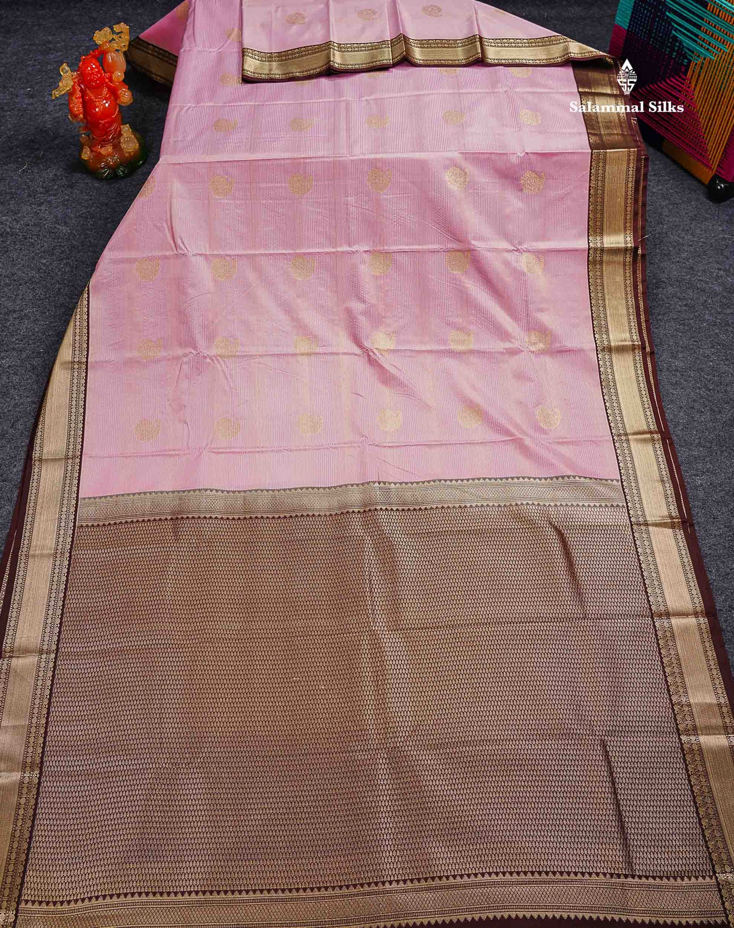 Semi Silk Saree - Light Pink Mango Butta With Alai Vaira Oosi Lines Along With Contrast Dark Brown Traditional Small Border