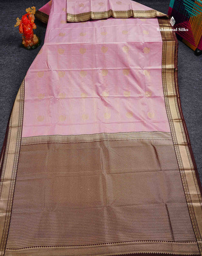 Semi Silk Saree - Light Pink Mango Butta With Alai Vaira Oosi Lines Along With Contrast Dark Brown Traditional Small Border