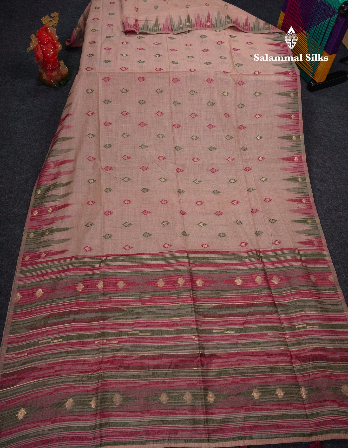 Beautiful Light Peach Menakari Work Muga Cotton Saree With Contrast Olive Green Blouse