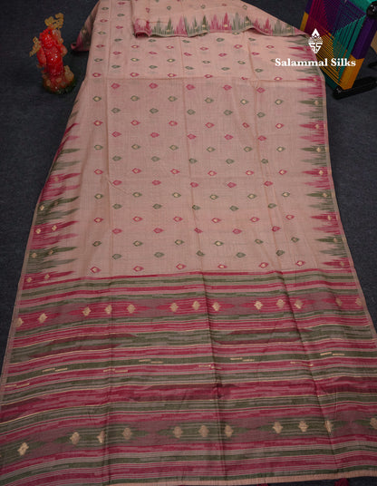 Beautiful Light Peach Menakari Work Muga Cotton Saree With Contrast Olive Green Blouse