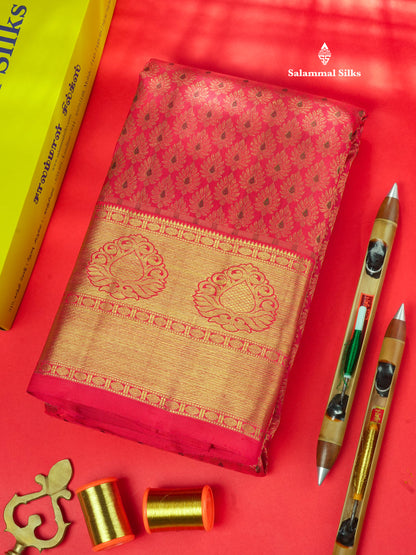 Reddish Pink Meenakari Work Pure Kanjivaram Silk Saree 3G Zari with Traditional Gold Zari Border