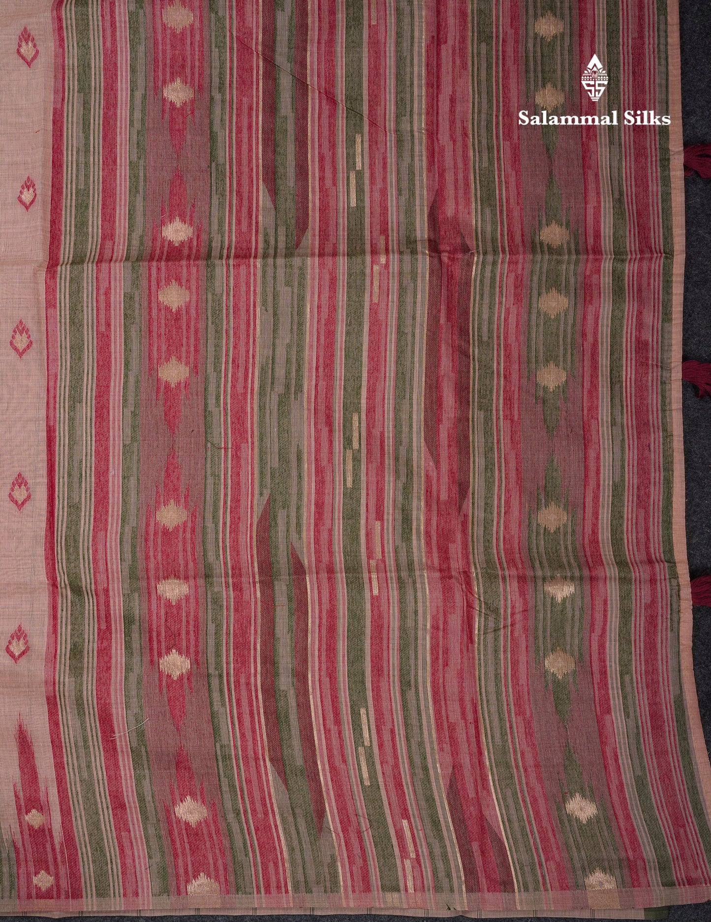 Beautiful Light Peach Menakari Work Muga Cotton Saree With Contrast Olive Green Blouse
