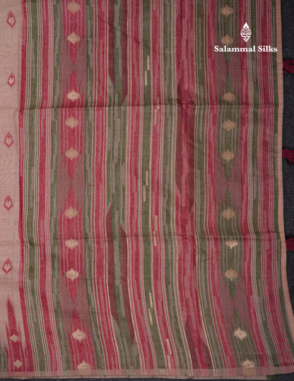 Beautiful Light Peach Menakari Work Muga Cotton Saree With Contrast Olive Green Blouse