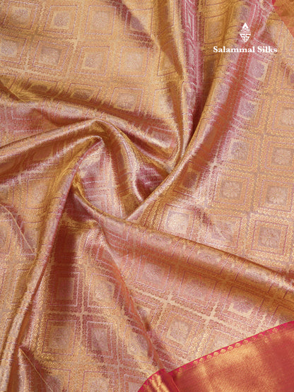 Beautiful Light Pink Tissue Bridal Pure Kanjivaram Silk Saree With Contrast Red Traditional Evening Morning Border
