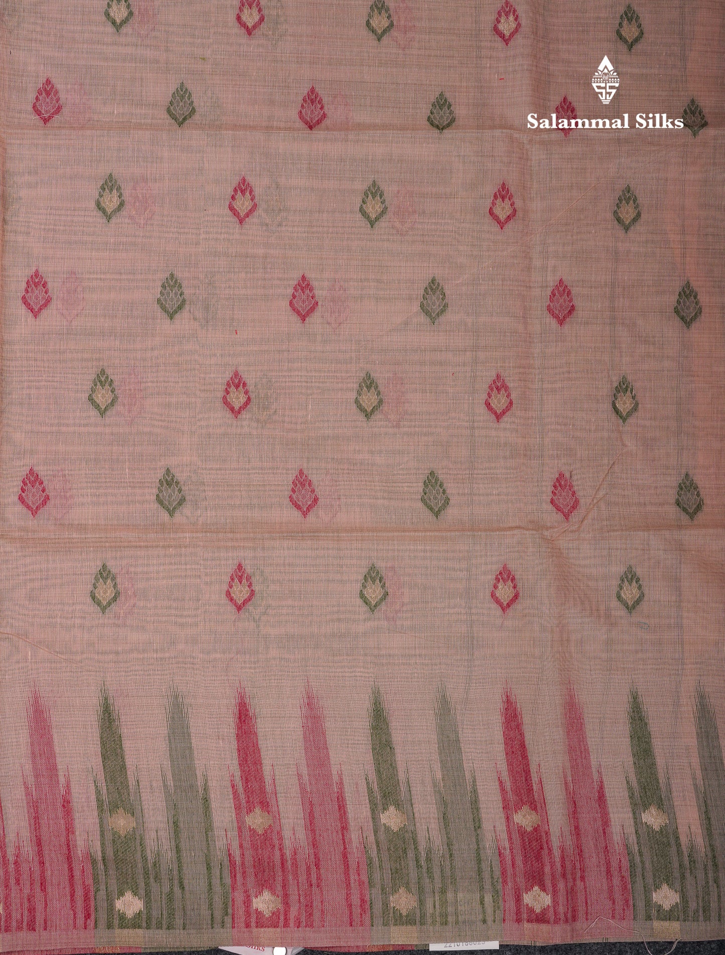 Beautiful Light Peach Menakari Work Muga Cotton Saree With Contrast Olive Green Blouse