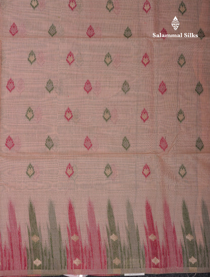 Beautiful Light Peach Menakari Work Muga Cotton Saree With Contrast Olive Green Blouse