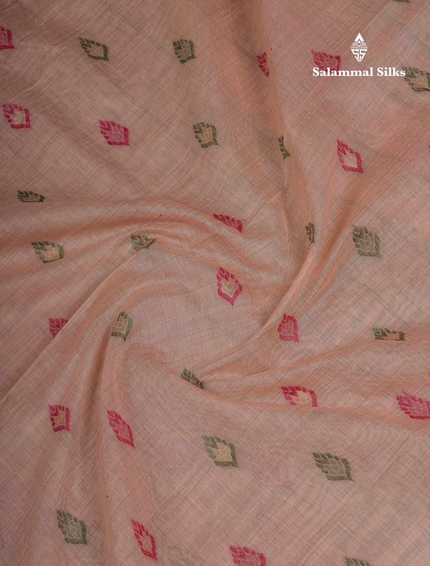 Beautiful Light Peach Menakari Work Muga Cotton Saree With Contrast Olive Green Blouse