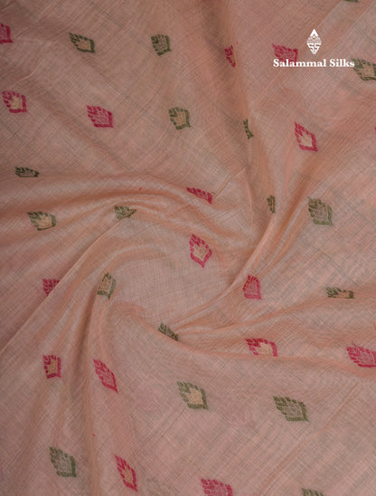 Beautiful Light Peach Menakari Work Muga Cotton Saree With Contrast Olive Green Blouse