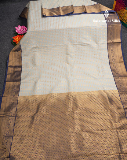 1000 Buttas Grey White Semi Silk Saree With Contrast Navy Blue Border
