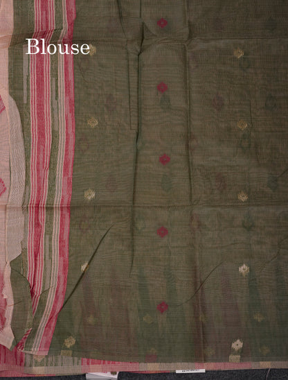 Beautiful Light Peach Menakari Work Muga Cotton Saree With Contrast Olive Green Blouse