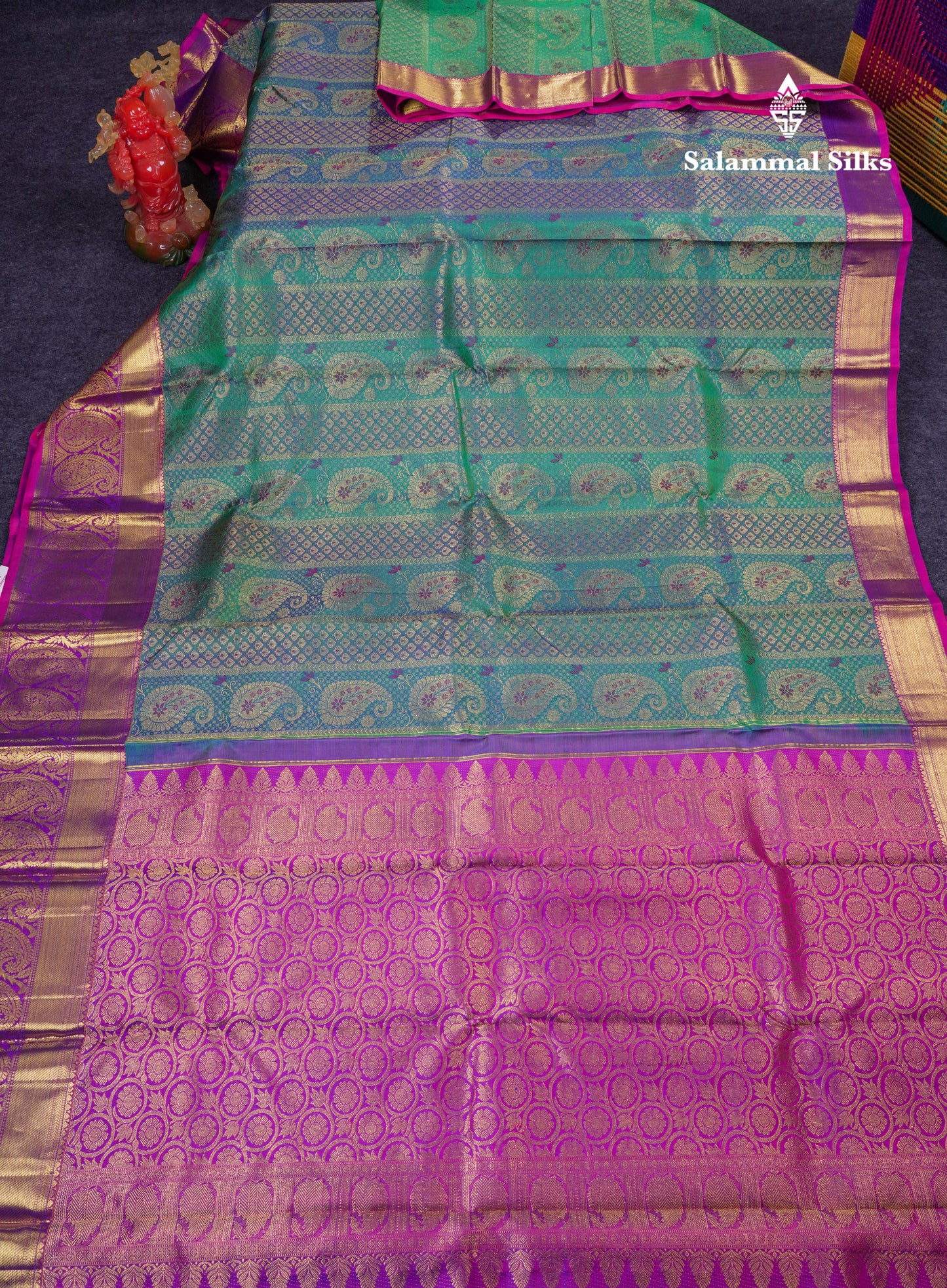 Beautiful Dual Tone Peacock Green Bridal Pure Kanjivaram Silk Saree With Contrast Vadamalli Traditional Evening Morning Border