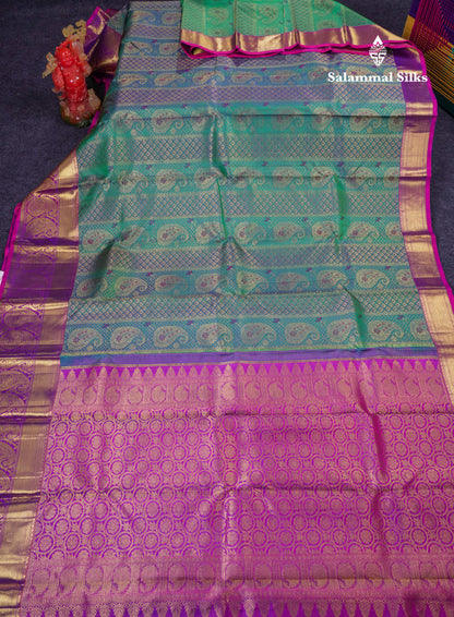 Beautiful Dual Tone Peacock Green Bridal Pure Kanjivaram Silk Saree With Contrast Vadamalli Traditional Evening Morning Border
