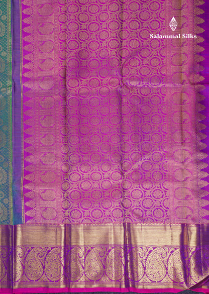 Beautiful Dual Tone Peacock Green Bridal Pure Kanjivaram Silk Saree With Contrast Vadamalli Traditional Evening Morning Border