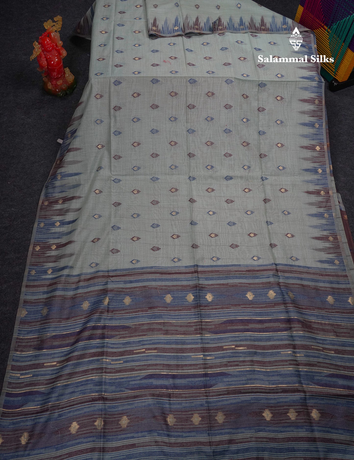 Beautiful Light Peach Menakari Work Muga Cotton Saree With Contrast Olive Green Blouse