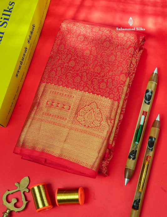 Pure zari (3G)
Bridal Chilly Red Pure Kanjivaram Silk Saree with Traditional Gold Zari Border