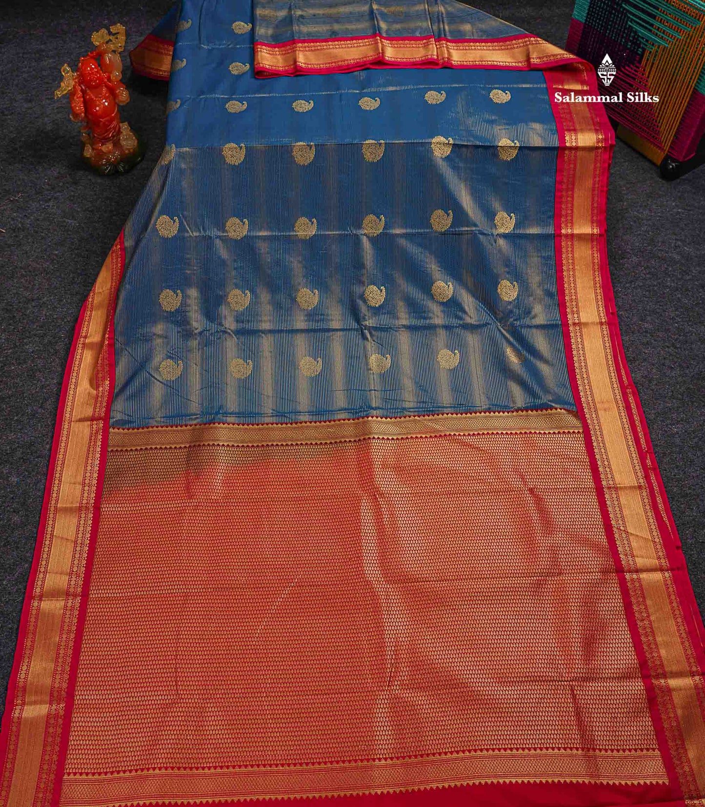 Semi Silk Saree - Peacock Blue Mango Butta With Alai Vaira Oosi Lines Along With Contrast Pink Traditional Border
