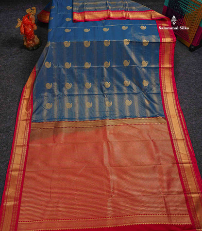 Semi Silk Saree - Peacock Blue Mango Butta With Alai Vaira Oosi Lines Along With Contrast Pink Traditional Border