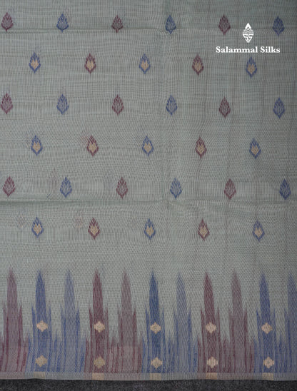 Beautiful Light Peach Menakari Work Muga Cotton Saree With Contrast Olive Green Blouse