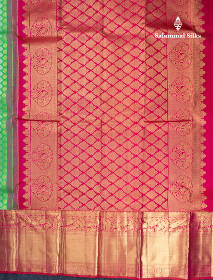 Parrot Green Bridal Pure Kanjivaram Silk Saree With Contrast Reddish Pink Traditional Evening Morning Border