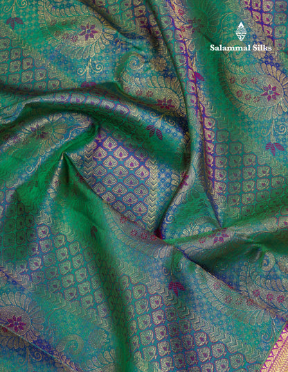 Beautiful Dual Tone Peacock Green Bridal Pure Kanjivaram Silk Saree With Contrast Vadamalli Traditional Evening Morning Border