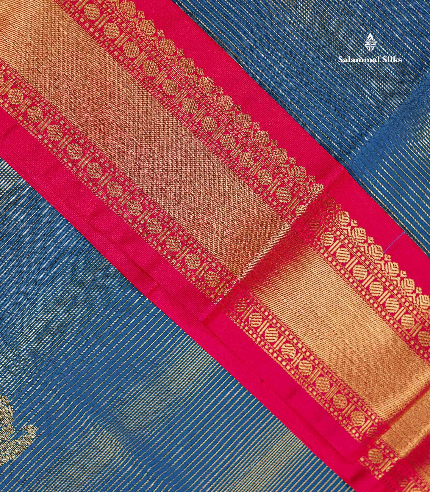 Semi Silk Saree - Peacock Blue Mango Butta With Alai Vaira Oosi Lines Along With Contrast Pink Traditional Border