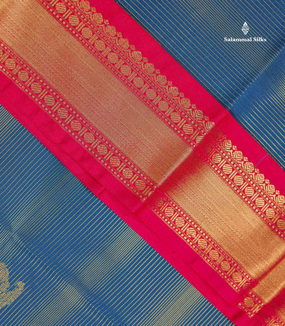 Semi Silk Saree - Peacock Blue Mango Butta With Alai Vaira Oosi Lines Along With Contrast Pink Traditional Border