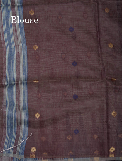 Beautiful Light Peach Menakari Work Muga Cotton Saree With Contrast Olive Green Blouse