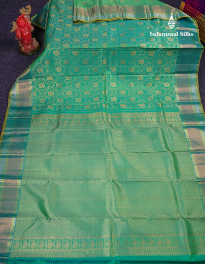 Beautiful Sapphire Green Bridal Pure Kanjivaram Silk Saree With Traditional Border
