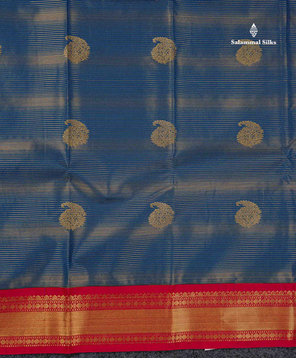 Semi Silk Saree - Peacock Blue Mango Butta With Alai Vaira Oosi Lines Along With Contrast Pink Traditional Border