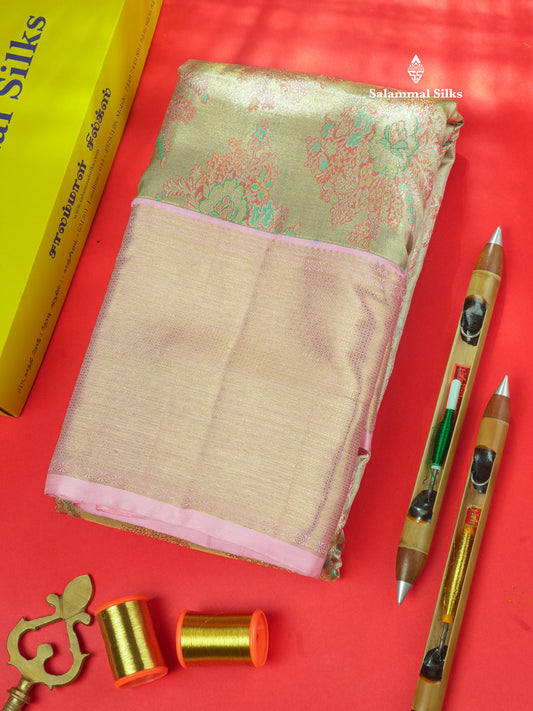 Pure Zari Multicolour Tissue Pure Kanjivaram Silk Saree With Contrast Baby Pink Border