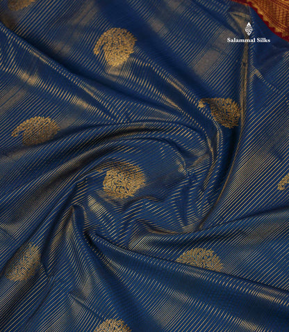 Semi Silk Saree - Peacock Blue Mango Butta With Alai Vaira Oosi Lines Along With Contrast Pink Traditional Border