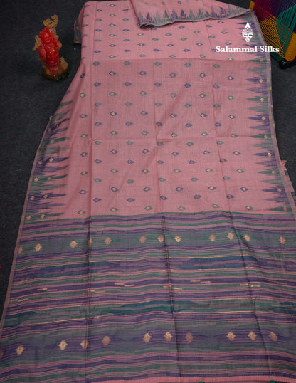 Beautiful Light Peach Menakari Work Muga Cotton Saree With Contrast Olive Green Blouse