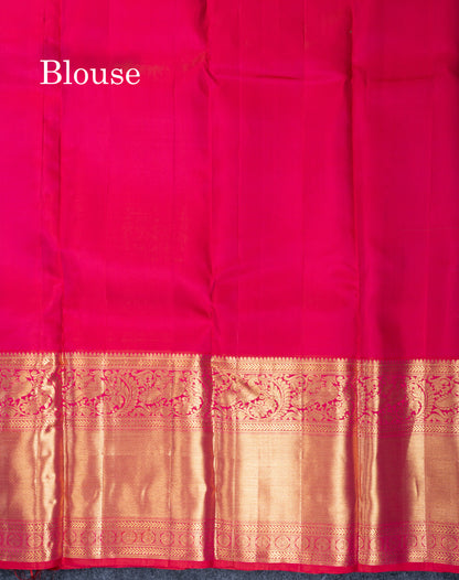 Parrot Green Bridal Pure Kanjivaram Silk Saree With Contrast Reddish Pink Traditional Evening Morning Border