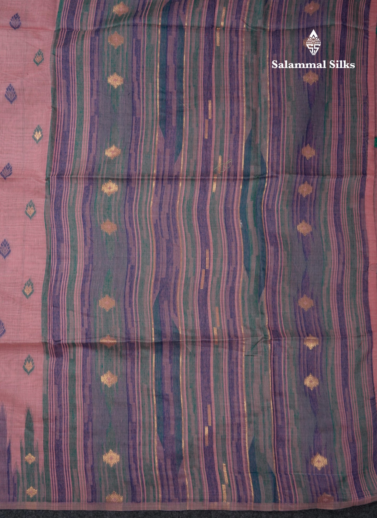 Beautiful Light Peach Menakari Work Muga Cotton Saree With Contrast Olive Green Blouse