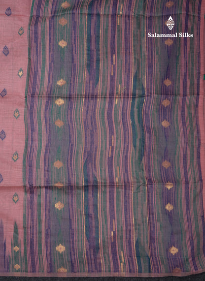 Beautiful Light Peach Menakari Work Muga Cotton Saree With Contrast Olive Green Blouse