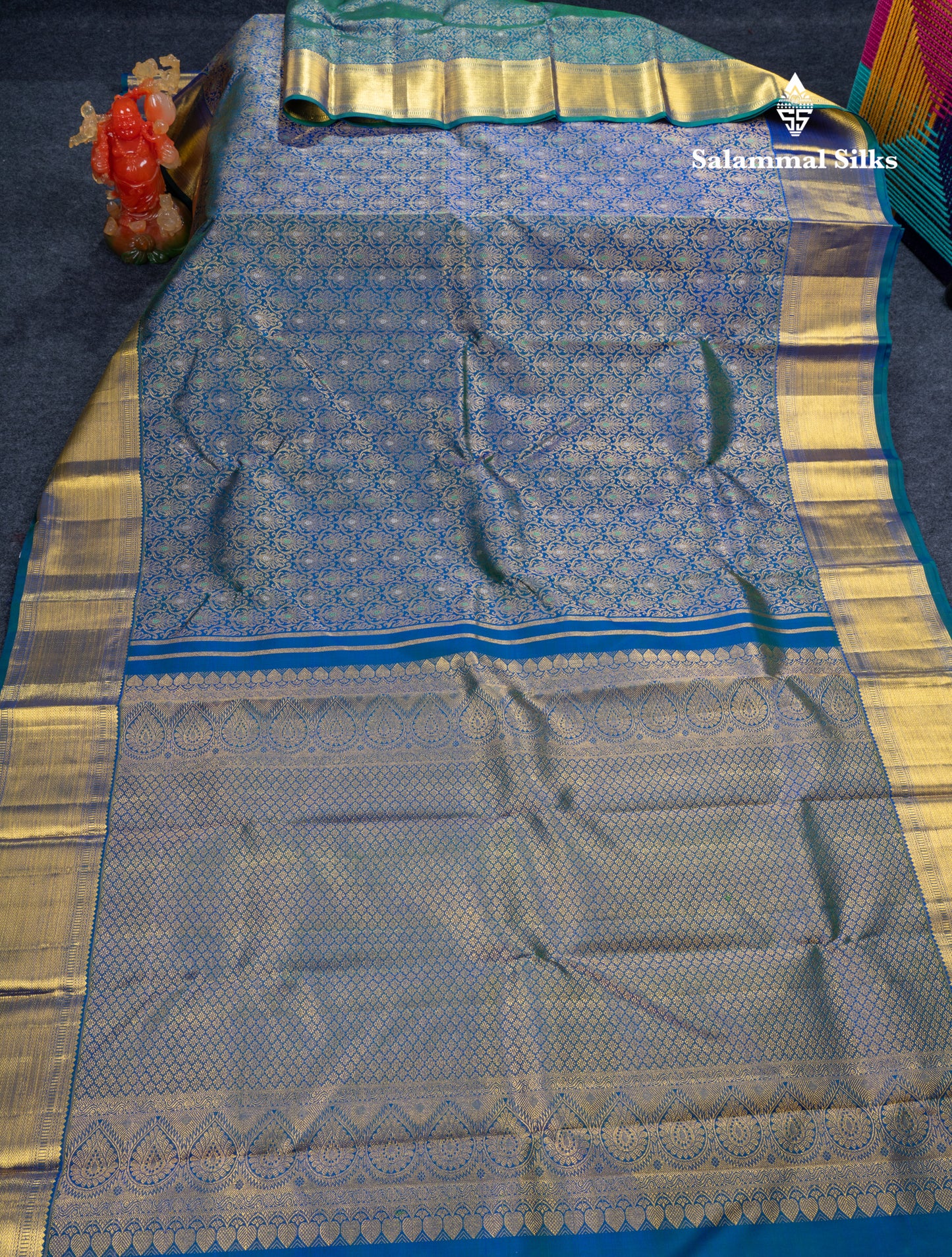 Dual Tone Peacock Blue Menakari Work Bridal Pure Kanjivaram Silk Saree With Traditional Border