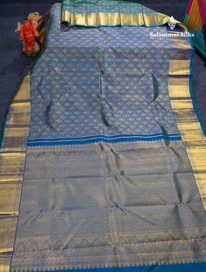Dual Tone Peacock Blue Menakari Work Bridal Pure Kanjivaram Silk Saree With Traditional Border