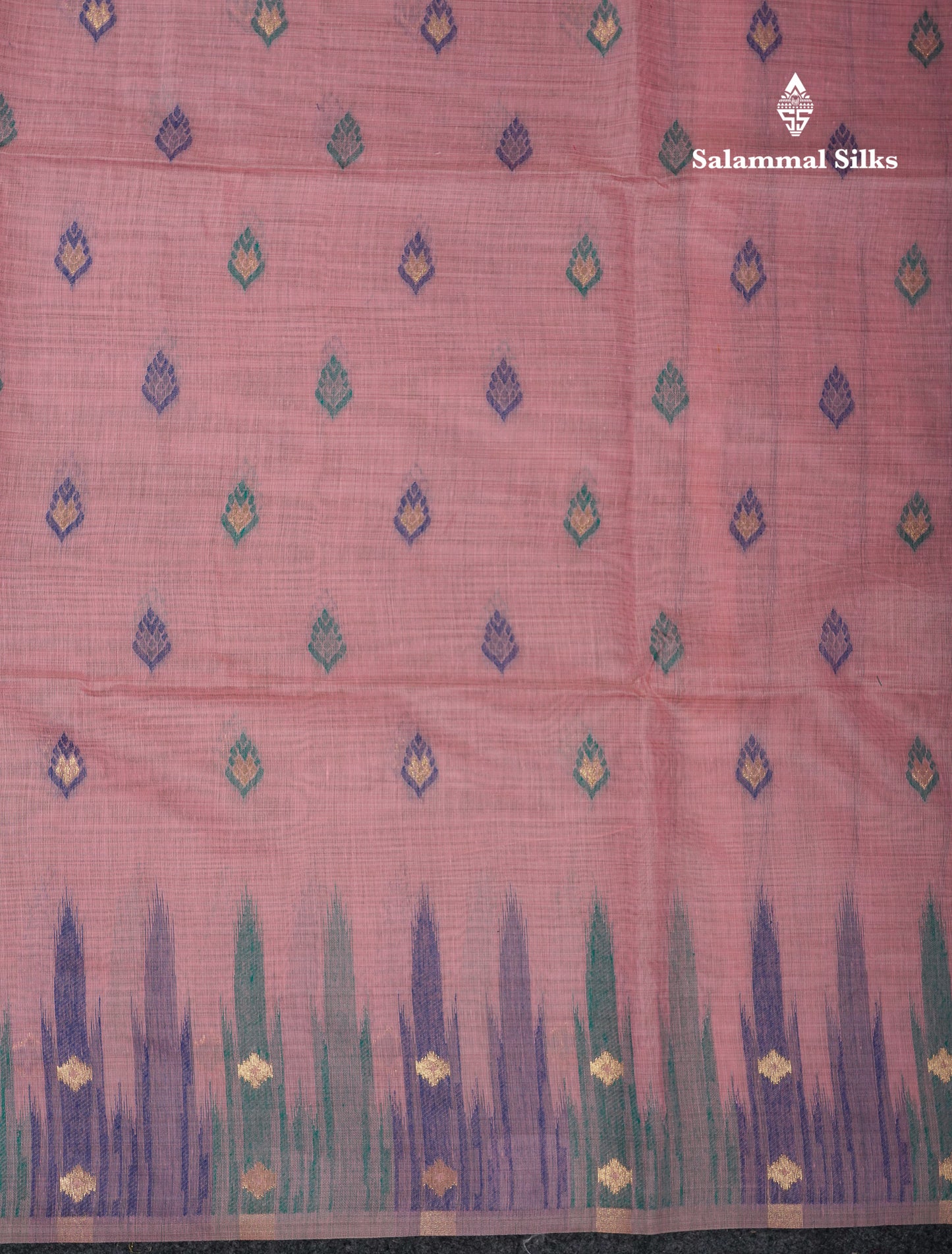 Beautiful Light Peach Menakari Work Muga Cotton Saree With Contrast Olive Green Blouse