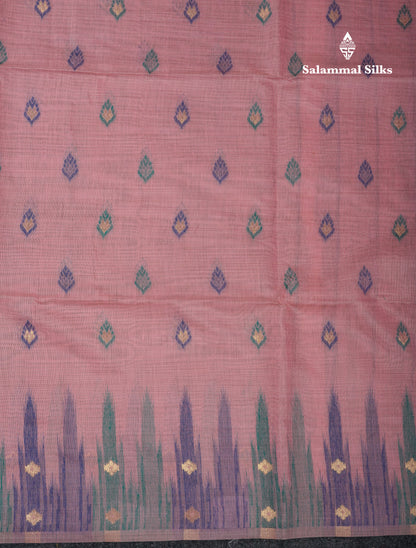 Beautiful Light Peach Menakari Work Muga Cotton Saree With Contrast Olive Green Blouse