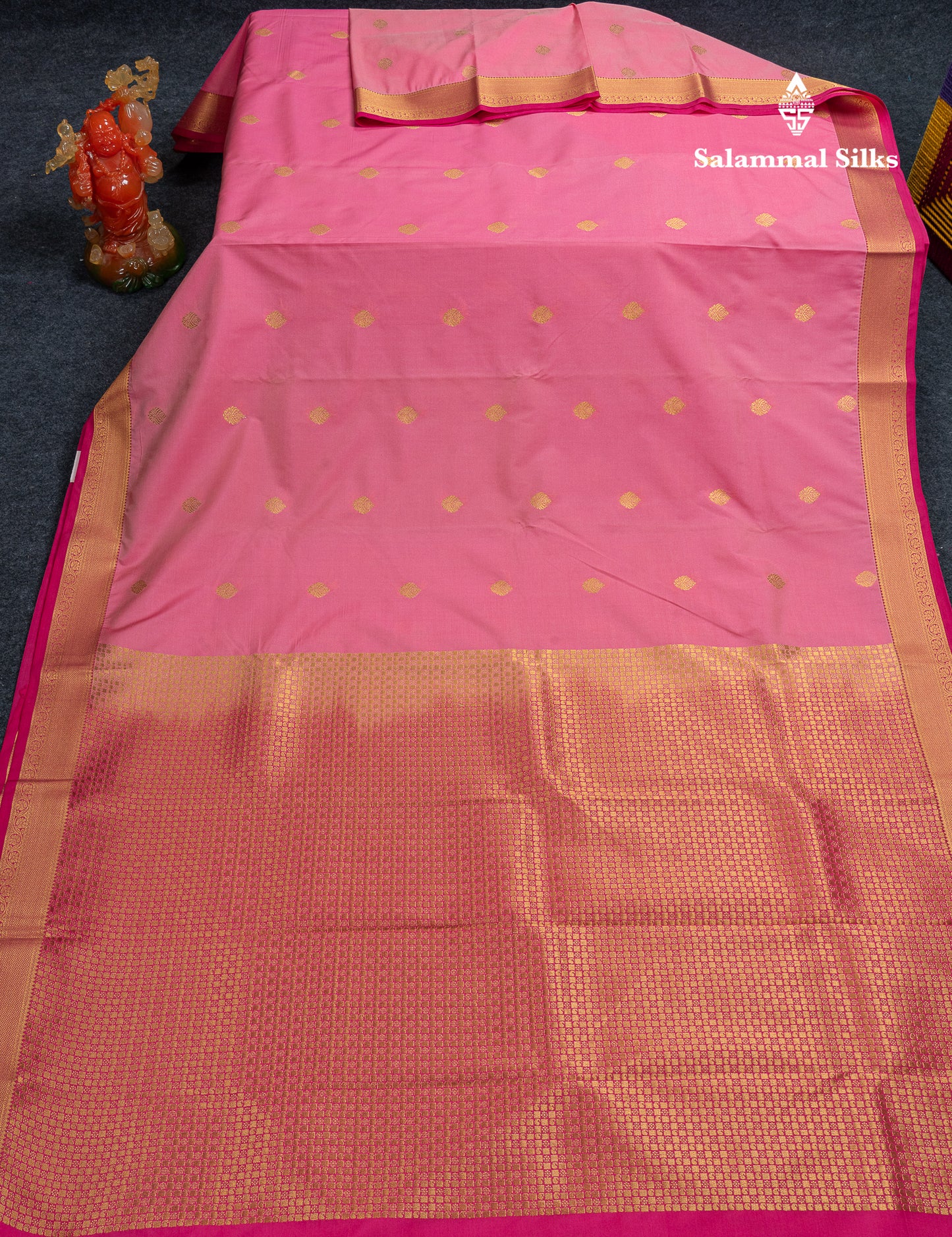 Beautiful Orange Zari Buttas Semi Silk Saree With Contrast Peacock Green Small Border
